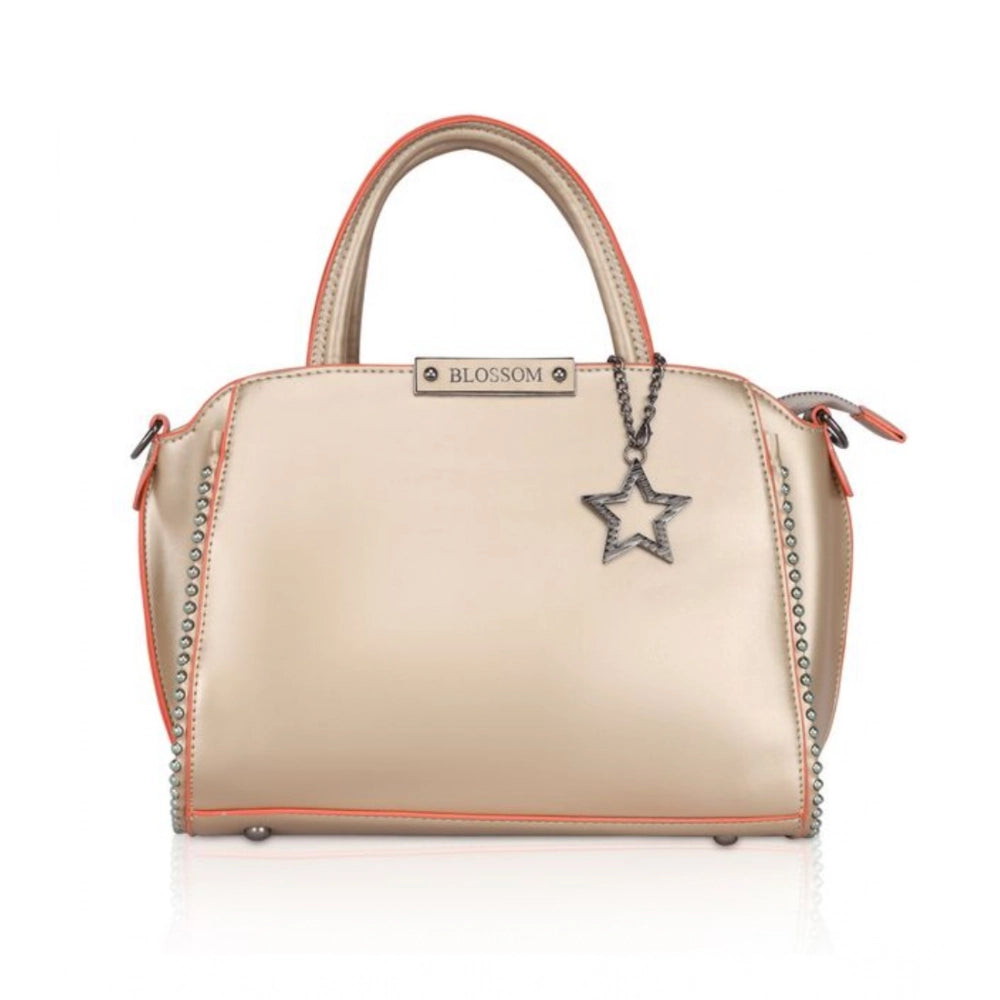 Gold faux leather handbag with metal beads pattern, dual handle strap and zipper closure