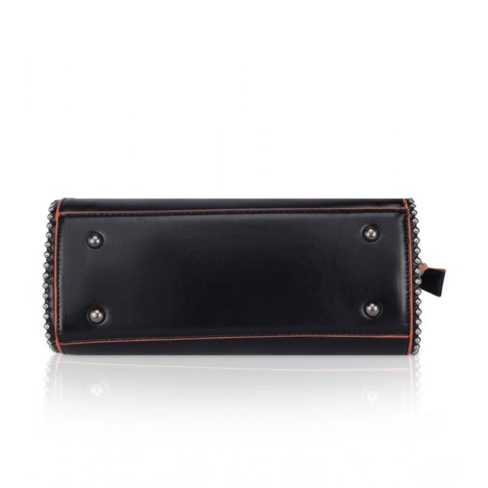 Black faux leather metal beads handbag with dual handle and zipper closure