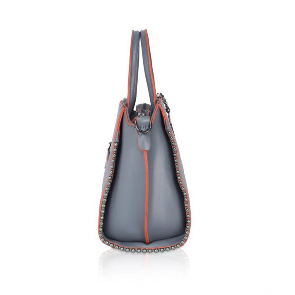 Grey faux leather beads handbag with metal accents, dual handle design