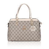 Beige faux leather printed handbag with dual handle and zipper closure, synthetic lining, stylish accessory for women