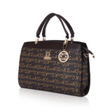 Coffee faux leather printed women's handbag with dual handle and zipper closure