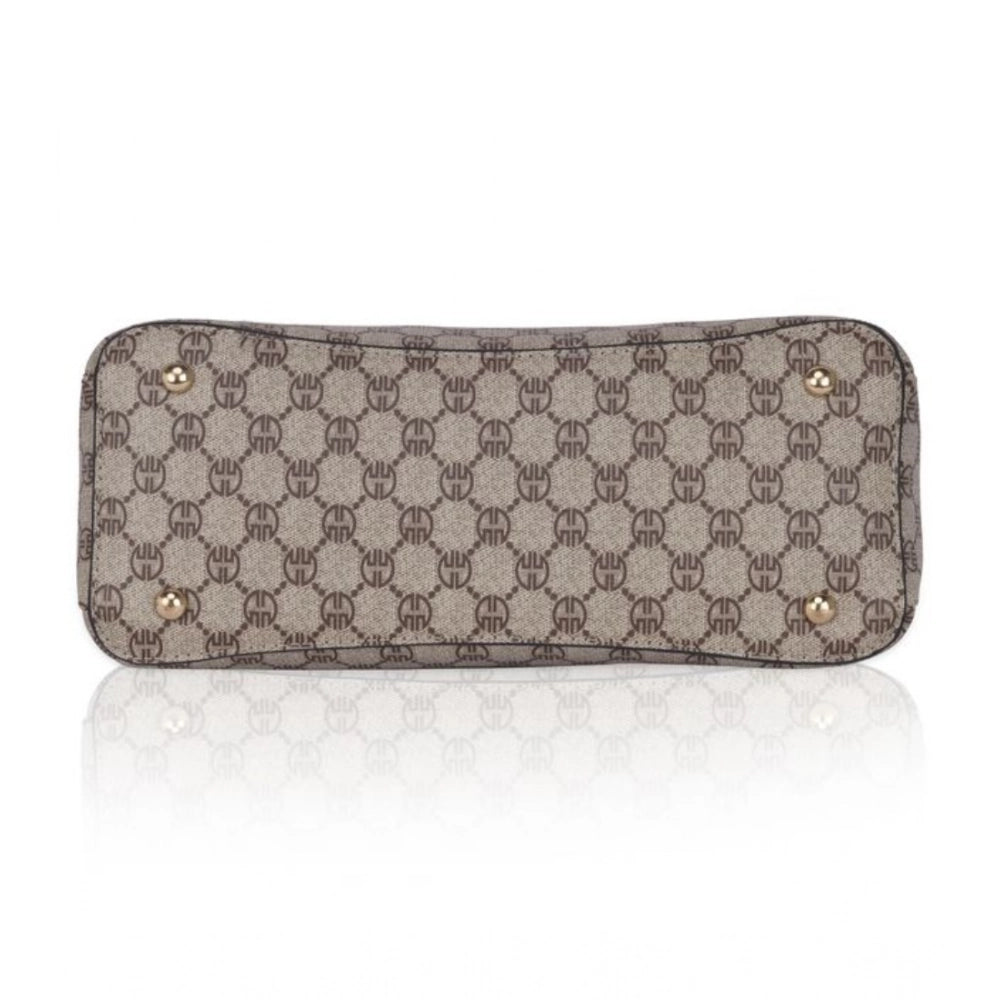 Faux leather camel printed handbag for women, synthetic lining, dual handle, zipper closure