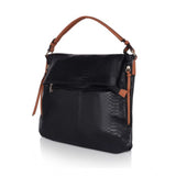 Black faux leather textured sling bag with dual handle, ideal for everyday use