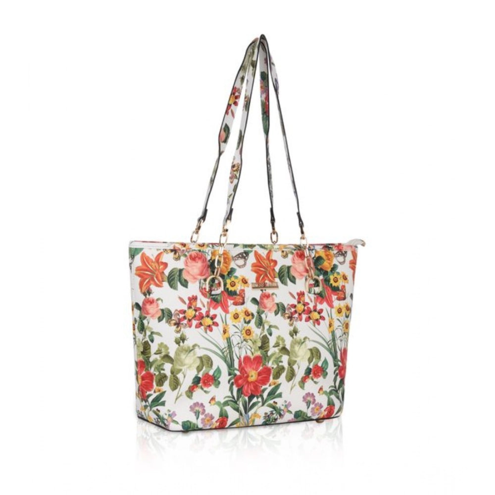 White faux leather printed tote bag with orange pattern, dual handle and zipper closure