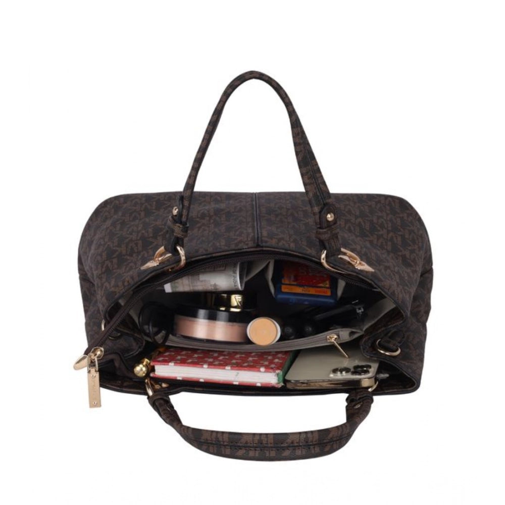 Brown faux leather printed handheld bag with dual handles and zipper closure