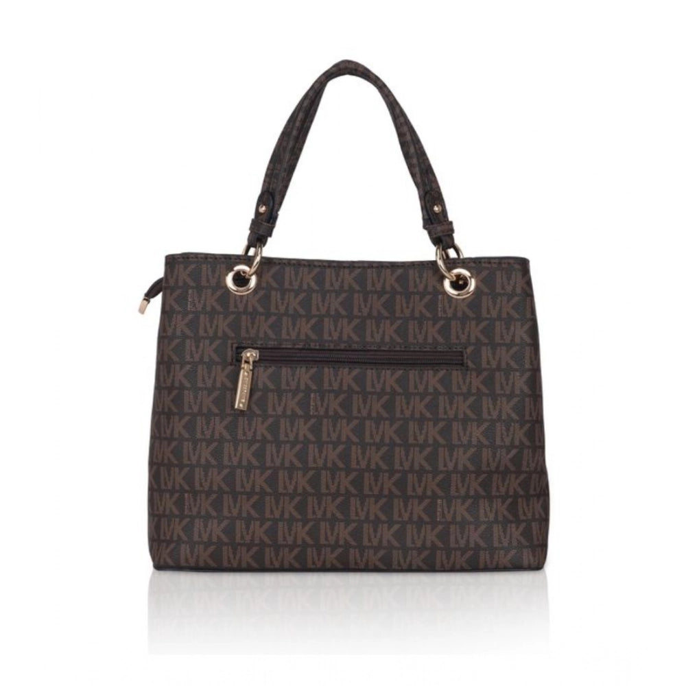 Brown faux leather printed handheld bag with dual handle and zipper closure