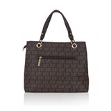 Brown faux leather printed handheld bag with dual handle and zipper closure