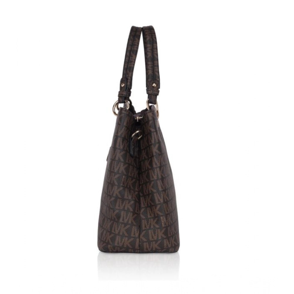 Brown faux leather printed handheld bag with dual handles and zipper closure