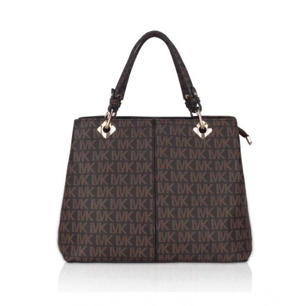 Brown faux leather printed handheld bag with dual handle and zipper closure