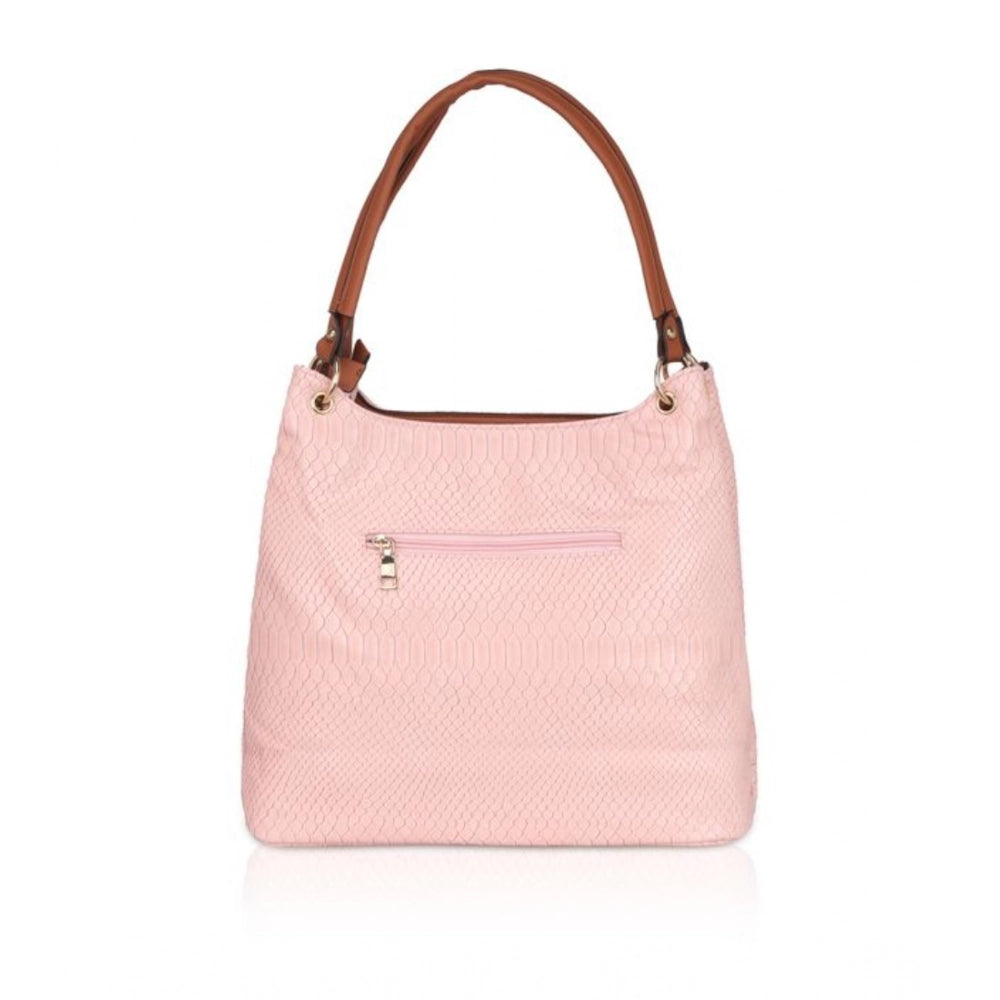 Pink faux leather printed tote bag with dual handle and zipper closure
