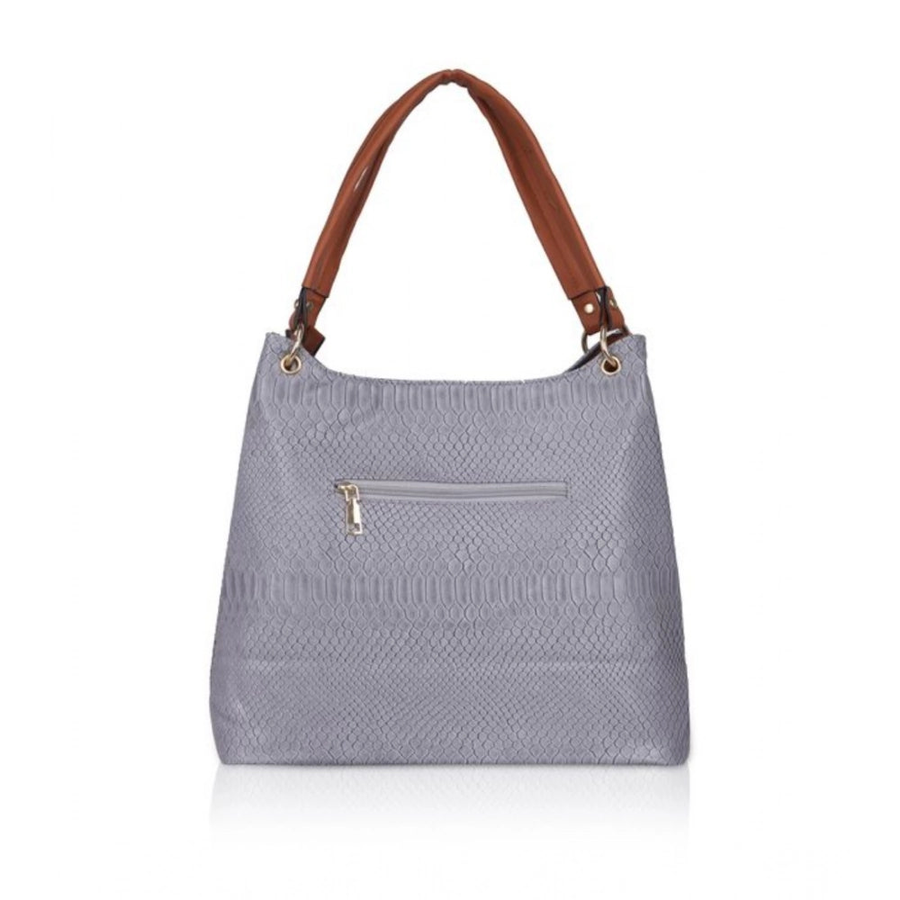 Blue faux leather textured tote bag with zipper closure and dual handles