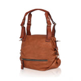 Brown faux leather purse with solid design and black zip closure