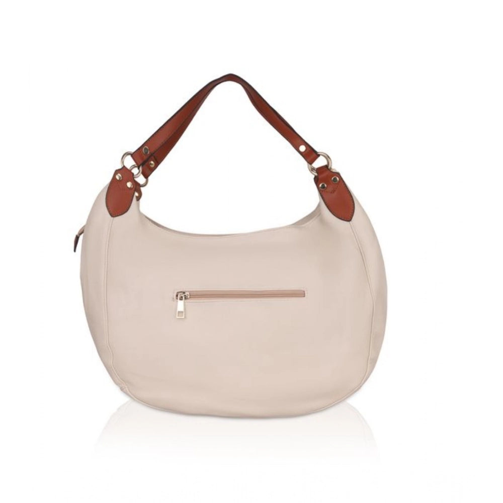 White faux leather tote bag. Solid color, features a back zip pocket.