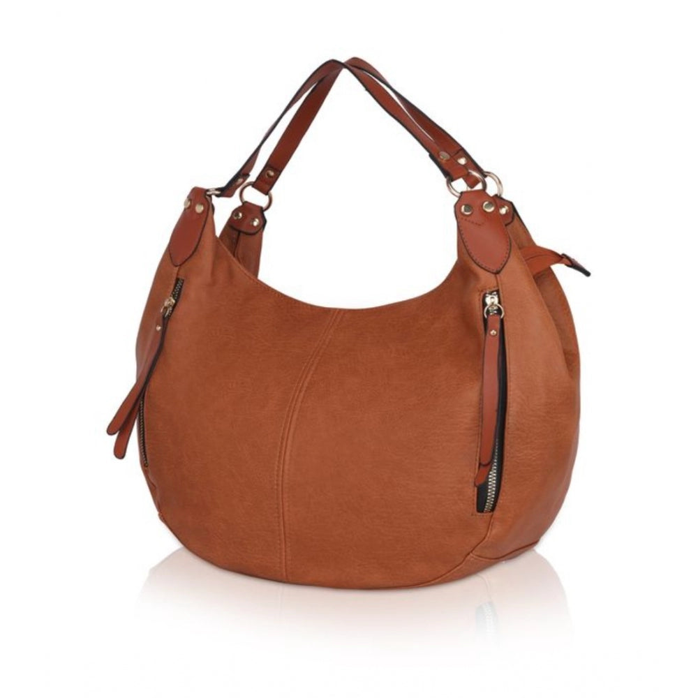 Brown faux leather solid womens handbag