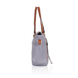 Grey faux leather textured tote bag with zipper closure and dual handles