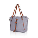Grey faux leather textured tote bag with zipper closure and dual handles