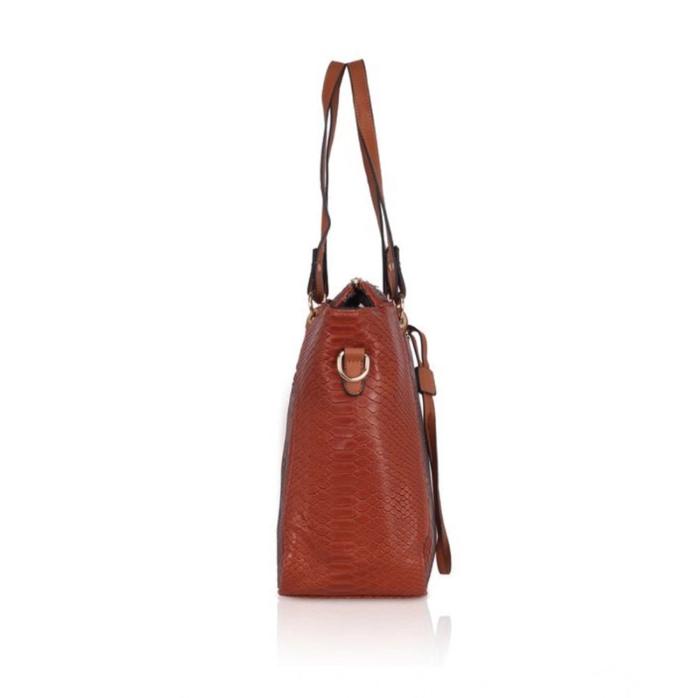 Brown faux leather textured tote bag with zipper closure and dual handles