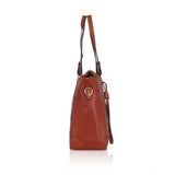 Brown faux leather textured tote bag with zipper closure and dual handles