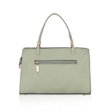 Green faux leather textured adjustable long belt handbag with dual handles and zipper closure
