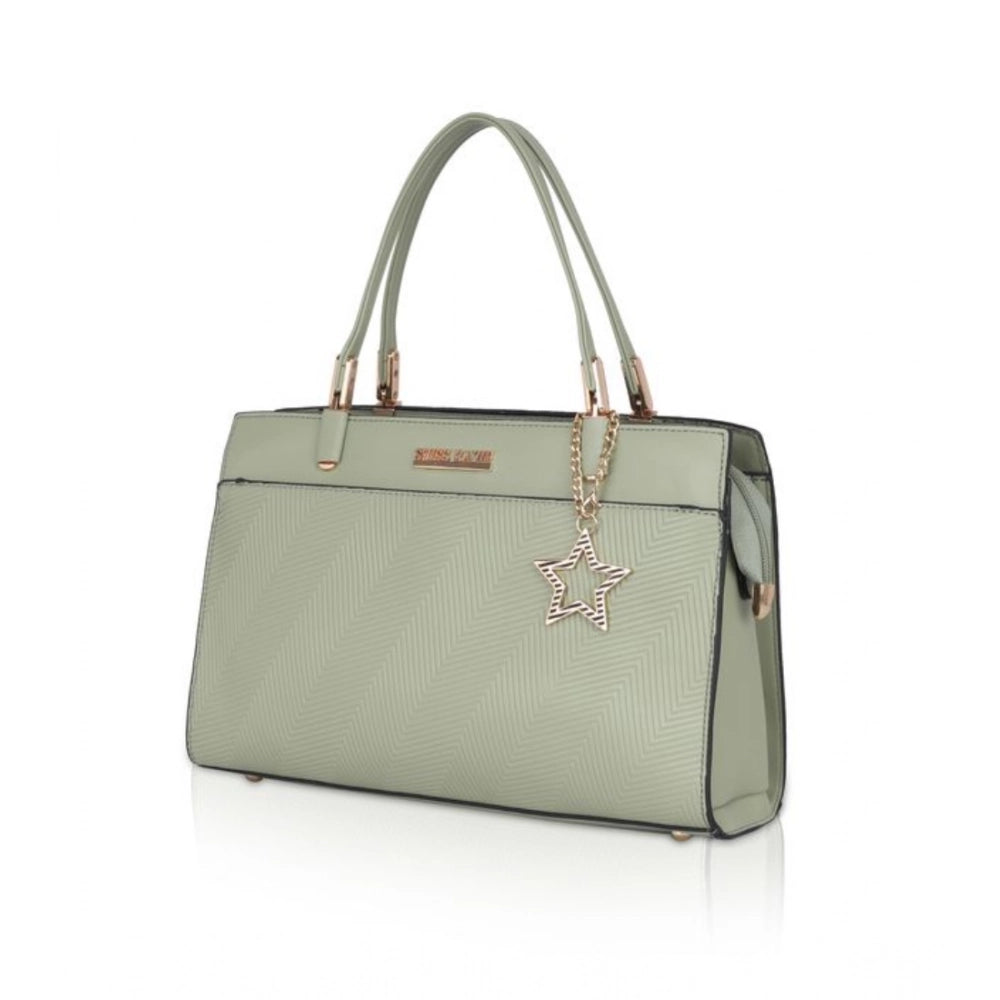 Green faux leather textured adjustable long belt handbag with dual handle and zipper closure