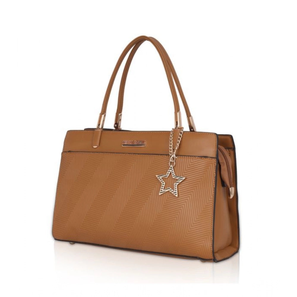 Brown faux leather textured adjustable long belt handbag with dual handle and zipper closure