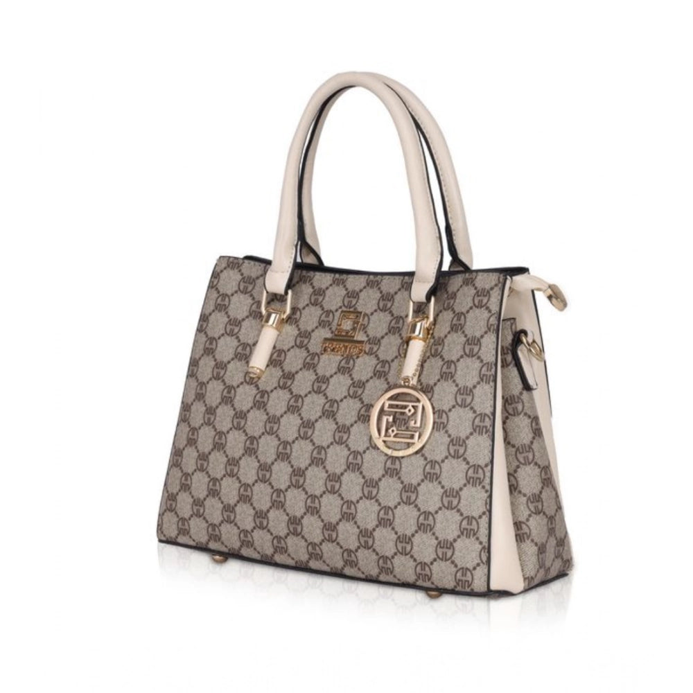 Beige faux leather printed handbag with dual handle and zipper closure, synthetic inner material
