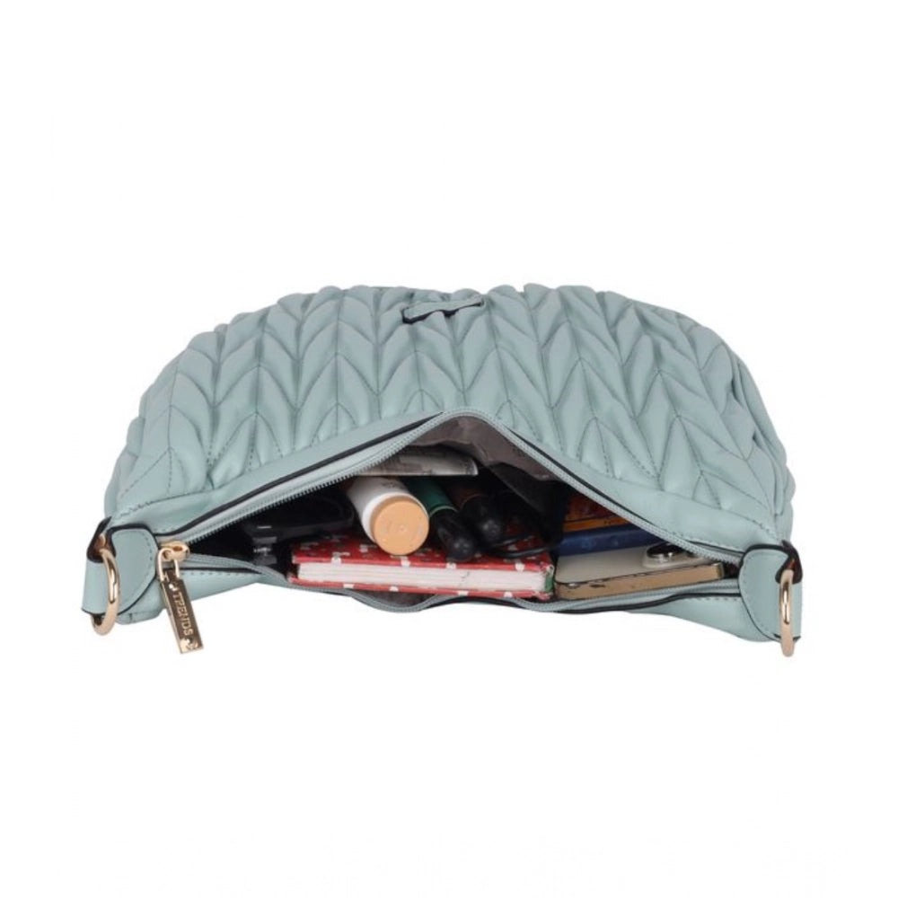 Blue faux leather textured handbag with dual handle, features zipper closure