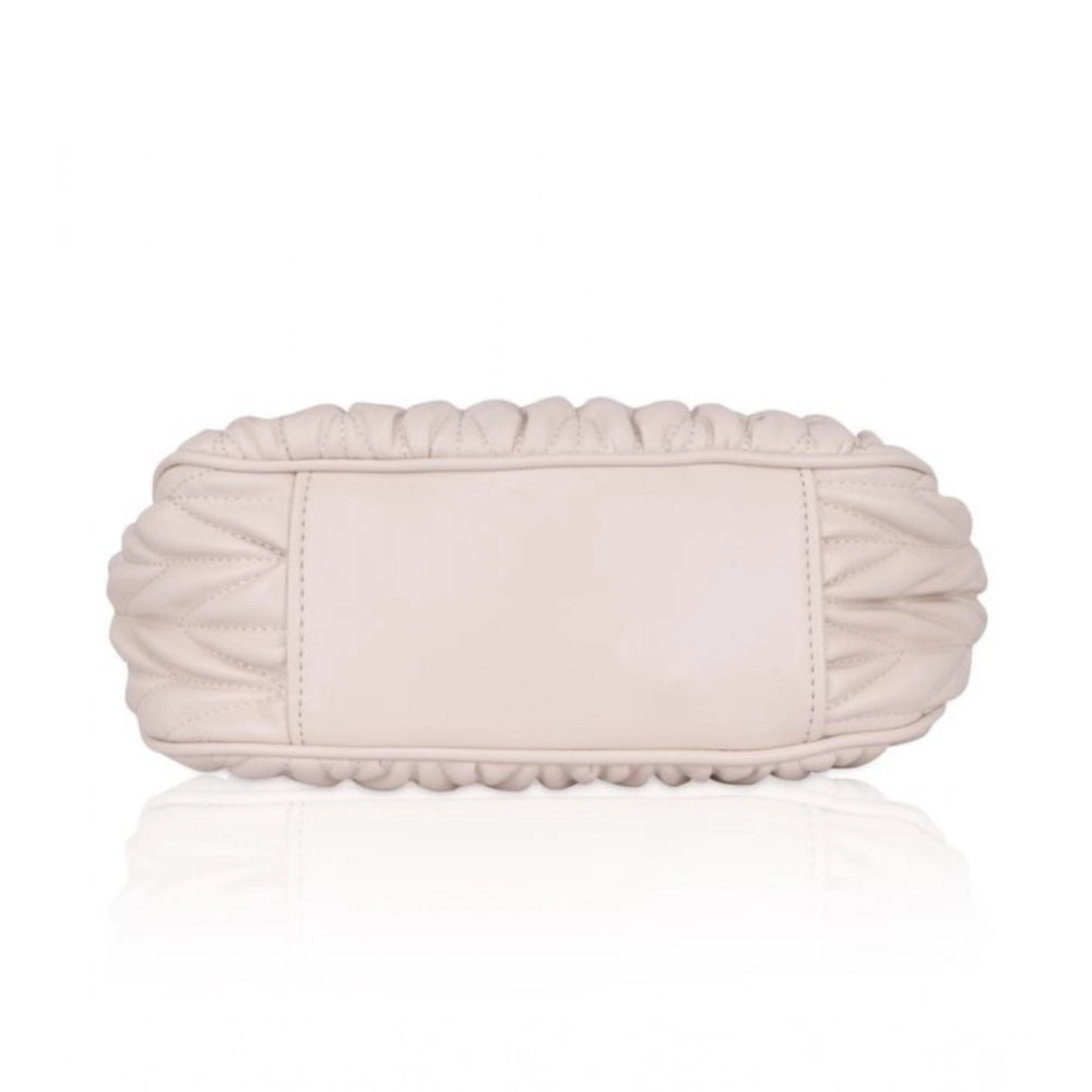 Beige White faux leather textured handbag with dual handle, zipper closure