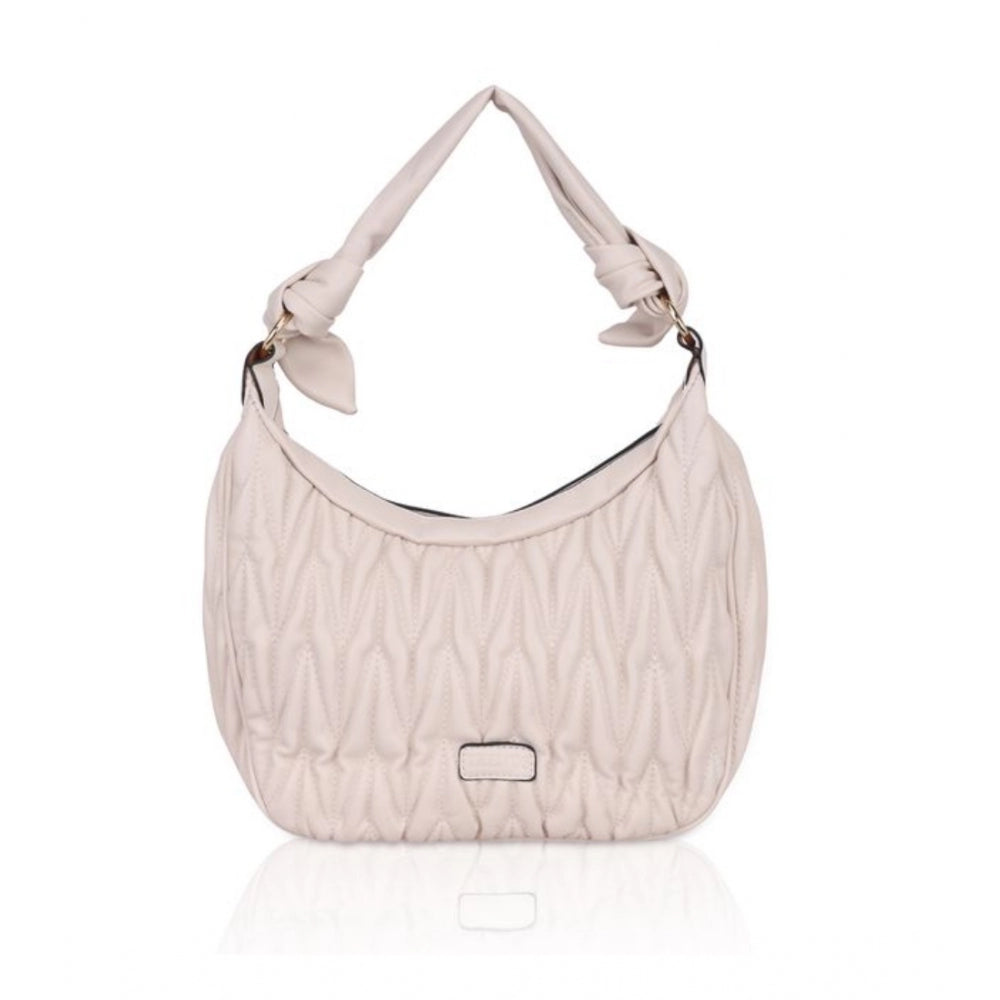 Women's Faux Leather Textured Handbag (Beige White) - GillKart