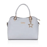 Women's faux leather handbag in a solid blue color with multiple pockets and a metal zipper