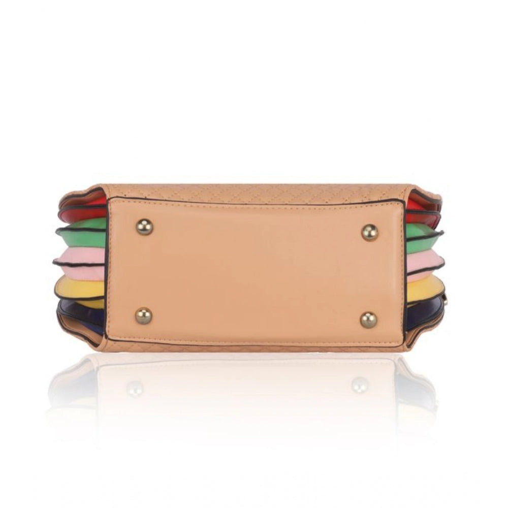 Faux leather, printed adjustable long belt handbag with multiple compartments and a wallet on top, brown