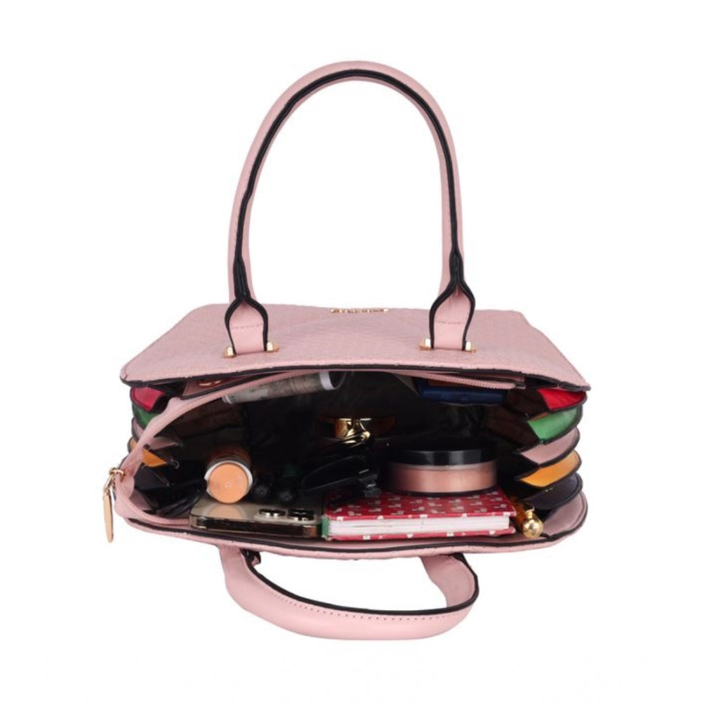 A womens faux leather printed adjustable long belt handbag in pink