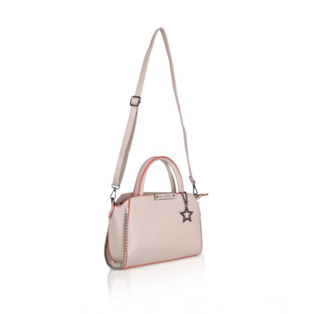 Khaki faux leather metal beads handbag with dual handle, synthetic inner material, zipper closure