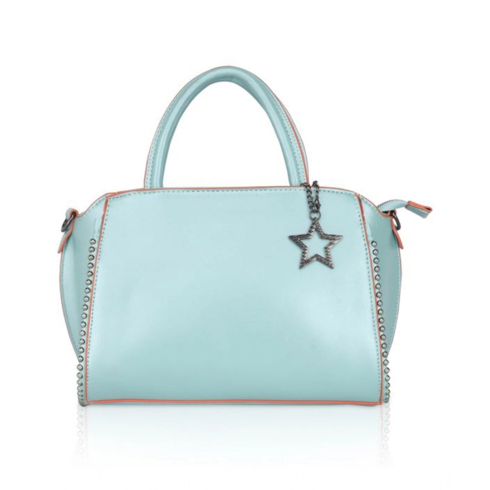 Green faux leather metal beads handbag with dual handle and zipper closure