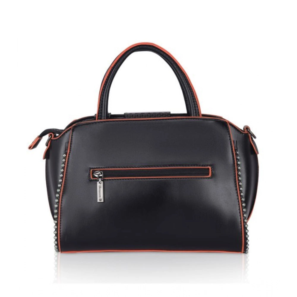 Black faux leather metal beads handbag with dual handles, ziper closure