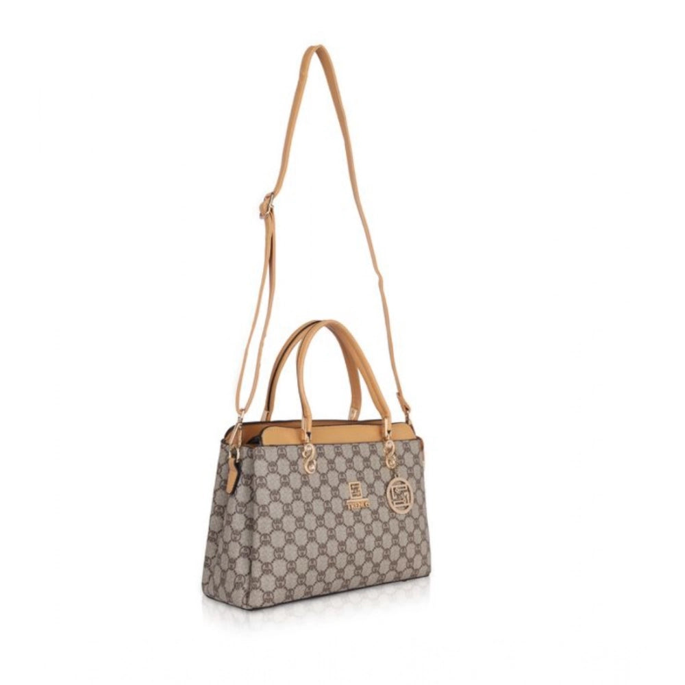Faux leather camel-colored printed handbag with dual handles and zipper closure