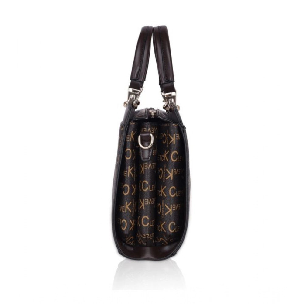 Coffee faux leather printed handbag for women, synthetic lining, dual handle, zipper closure