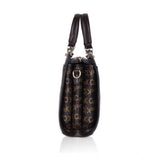 Coffee faux leather printed handbag for women, synthetic lining, dual handle, zipper closure