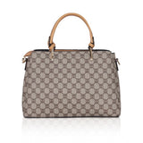 Camel faux leather printed handbag with dual handle and zipper closure, synthetic lining