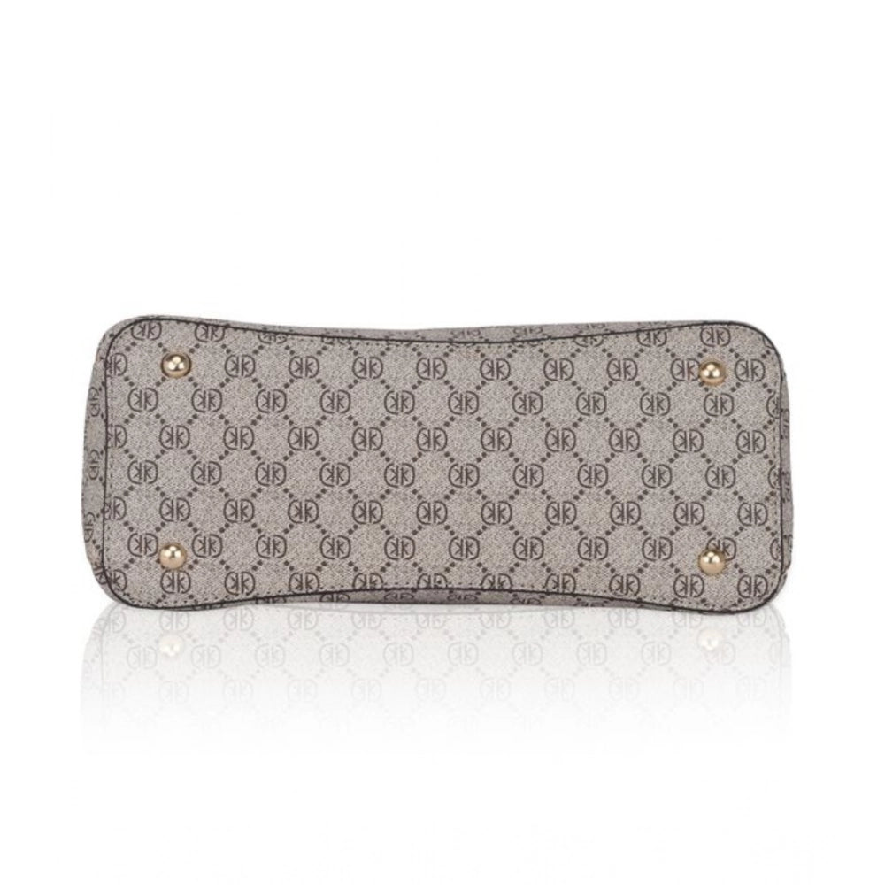 Beige faux leather printed handbag with dual handles and zipper closure