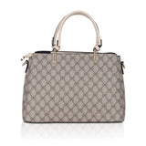 Beige faux leather printed handbag with dual handle and zipper closure, synthetic lining for women's fashion accessory