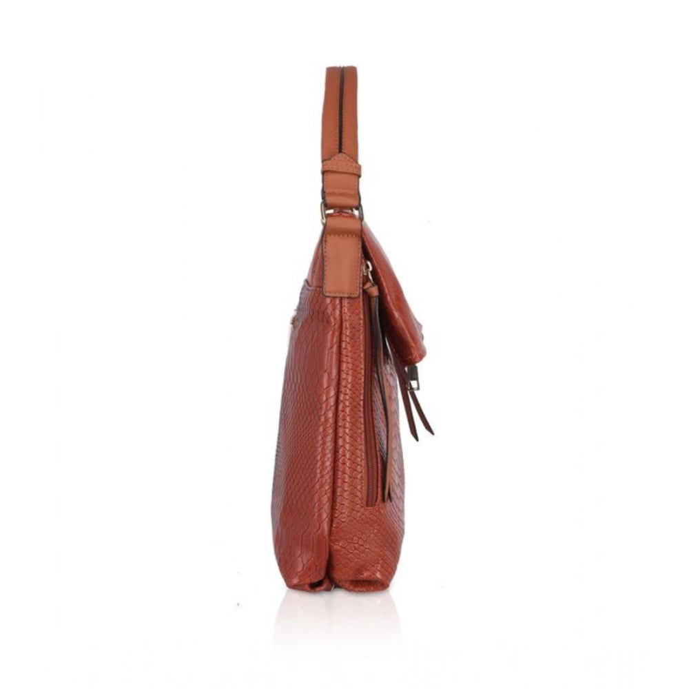 Brown faux leather textured sling bag with dual handle, synthetic lining, and zipper closure