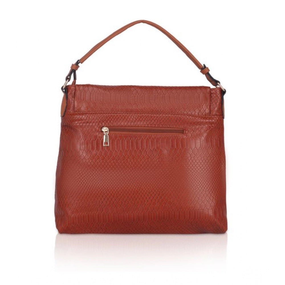 Brown faux leather textured sling bag with dual handle, synthetic lining, and zipper closure