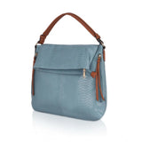 Blue faux leather textured sling bag with dual handle, synthetic lining and zipper closure