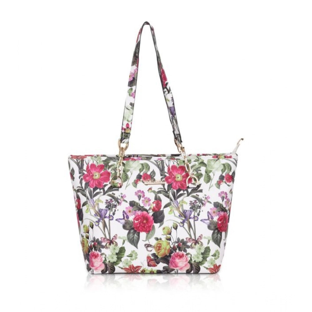 White pink faux leather printed tote bag with dual handle, synthetic lining, and zipper closure