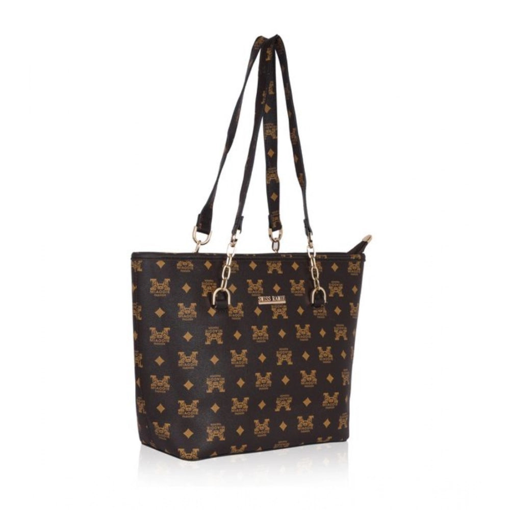 Brown faux leather printed tote bag with dual handle and zipper closure