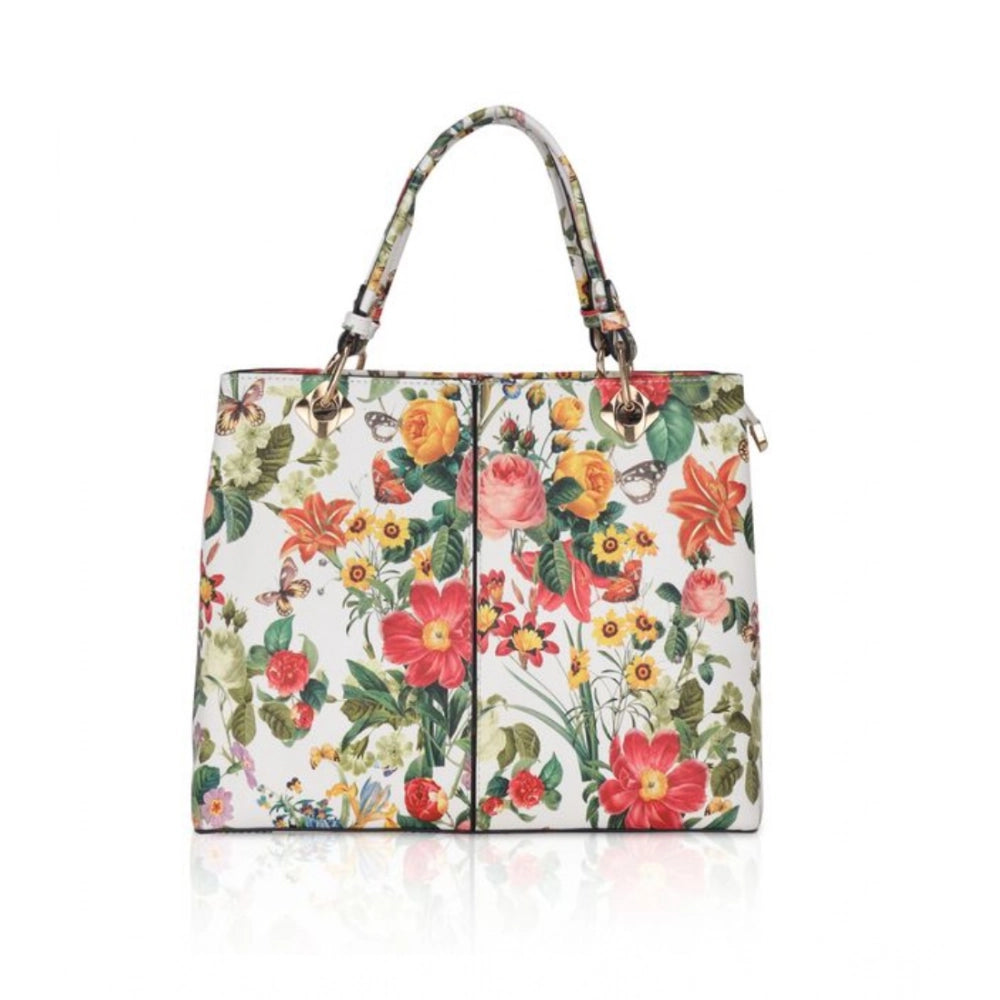 White Orang faux leather printed handheld bag with dual handle, synthetic lining, and zipper closure