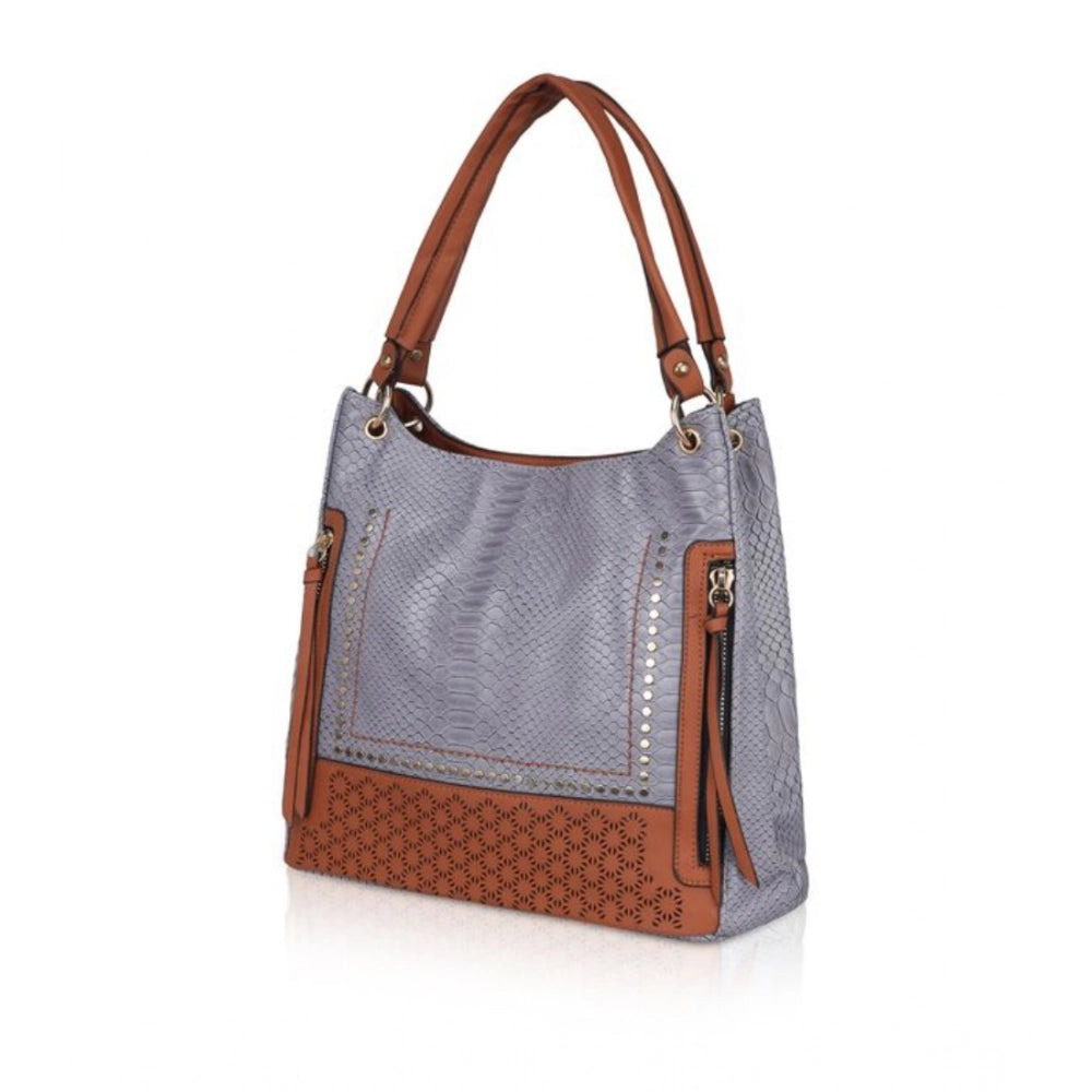 Blue faux leather textured tote bag with dual handle and zipper closure