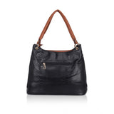 Black faux leather textured tote bag with zipper closure