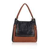 Black faux leather textured tote bag with zipper closure and dual handles